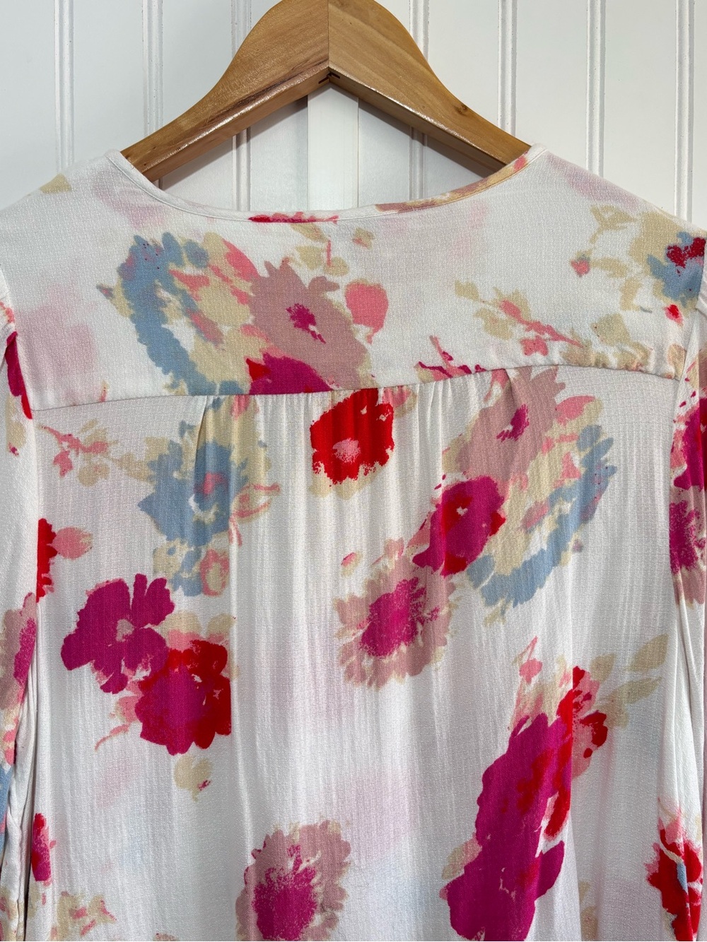 Lucky Brand Floral Peasant Blouse Top Boho Tie Neck Smocked Cuff Size Large - Picture 5 of 12